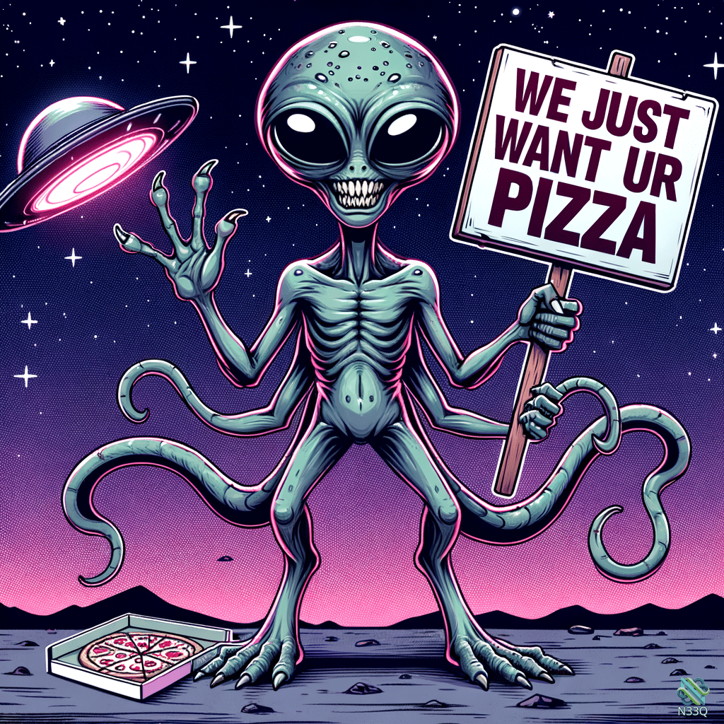 Tentacled Alien Holding Pizza Demand Sign