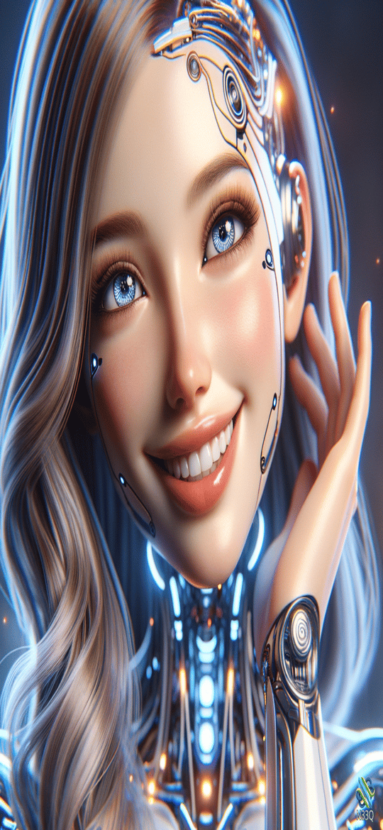 Smiling Female Cyborg with Blue Eyes