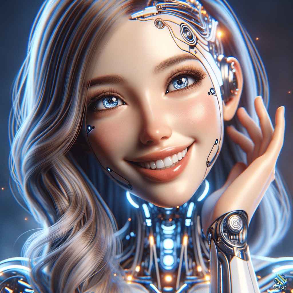 Smiling Female Cyborg with Blue Eyes