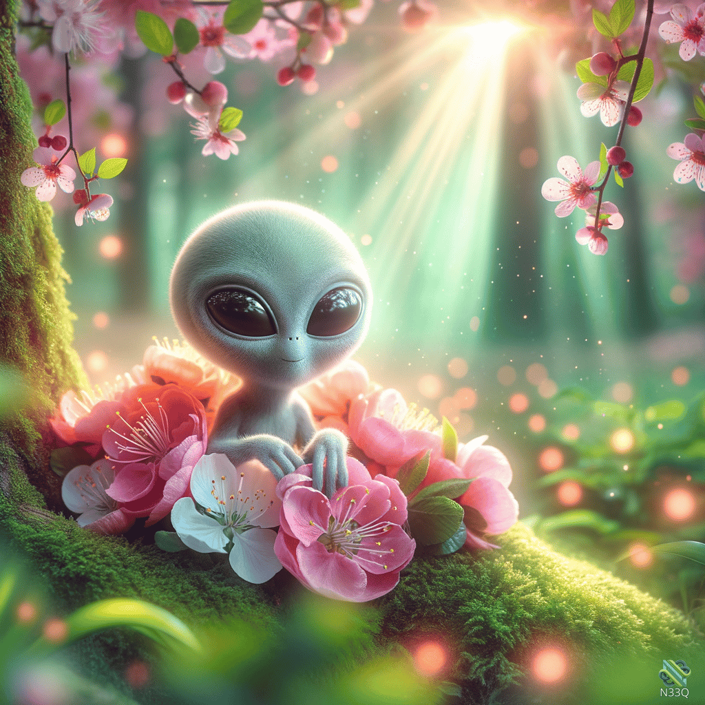 Gray Alien in Cherry Blossom Forest