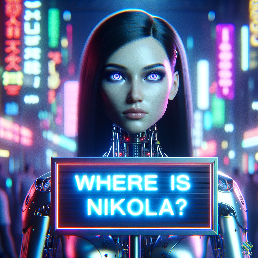 Cyborg Woman Holding Where Is Nikola Sign