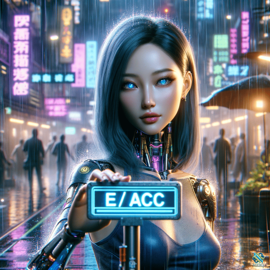 Cyborg Woman Holding E ACC Sign in Neon Rain