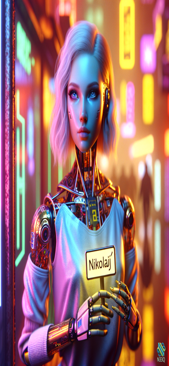 Cyborg Woman Holding Nikolaj Sign in Neon Alley