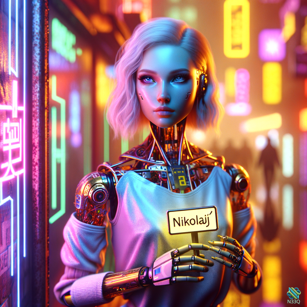 Cyborg Woman Holding Nikolaj Sign in Neon Alley