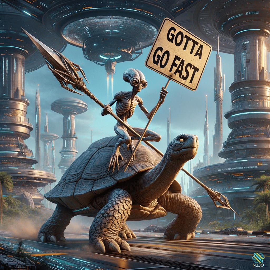 Skeleton Alien Riding Turtle in Futuristic City