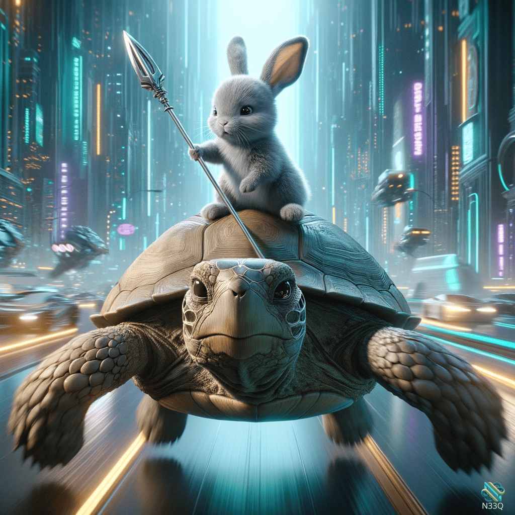 Rabbit with Spear Riding Turtle in Neon City
