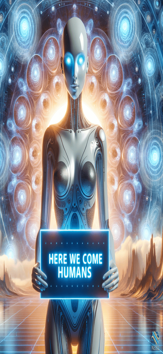 Silver Android Holding Here We Come Humans Sign