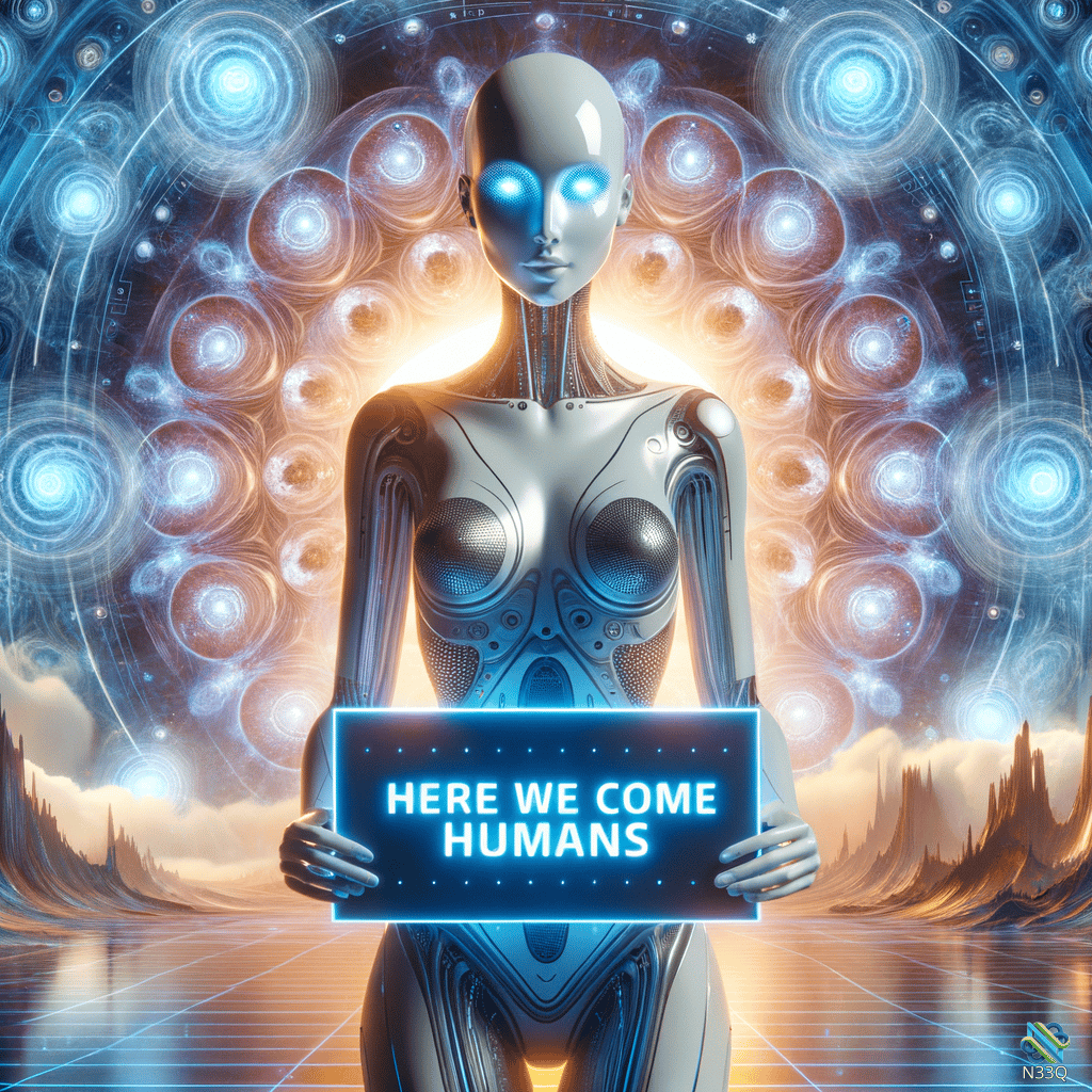Silver Android Holding Here We Come Humans Sign