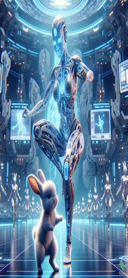 Cyborg Dancer and Rabbit in Neon Lab