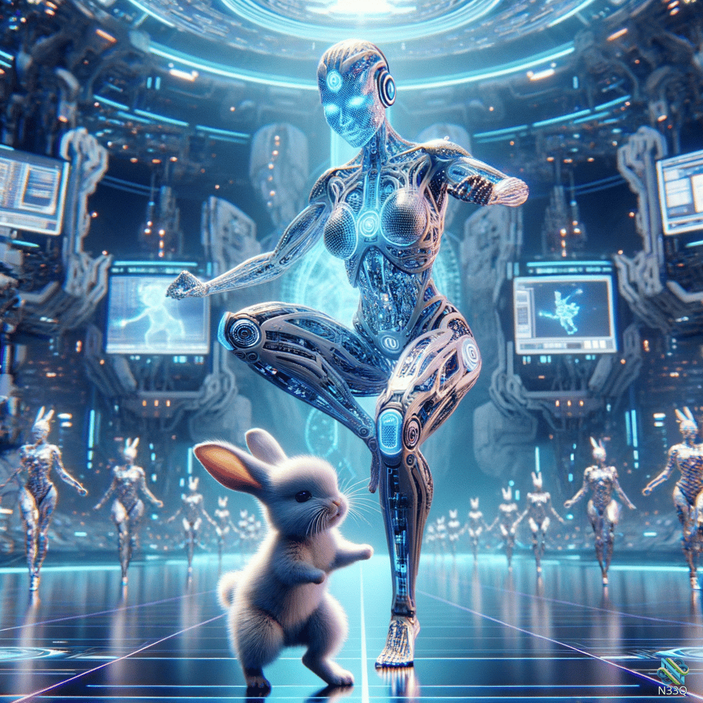 Cyborg Dancer and Rabbit in Neon Lab