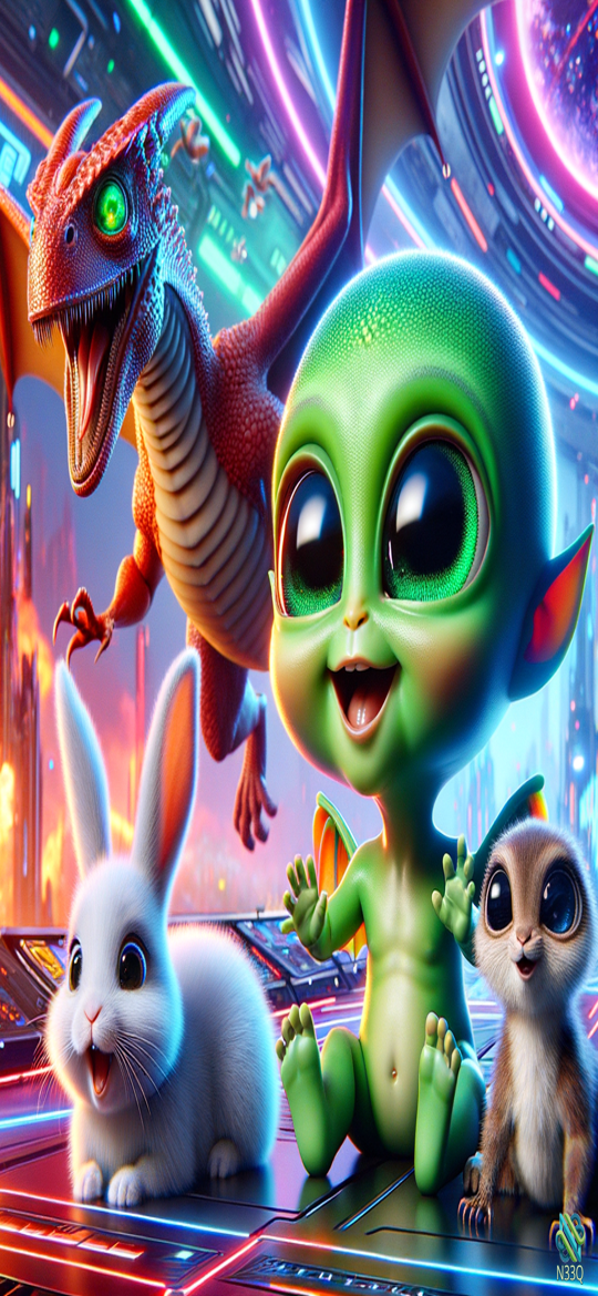 Green Alien with Dragon Rabbit and Squirrel