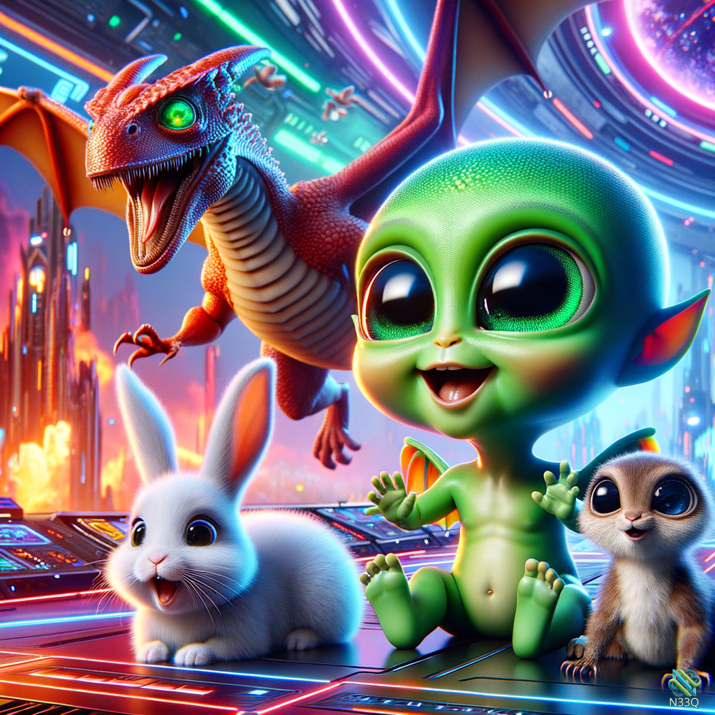 Green Alien with Dragon Rabbit and Squirrel