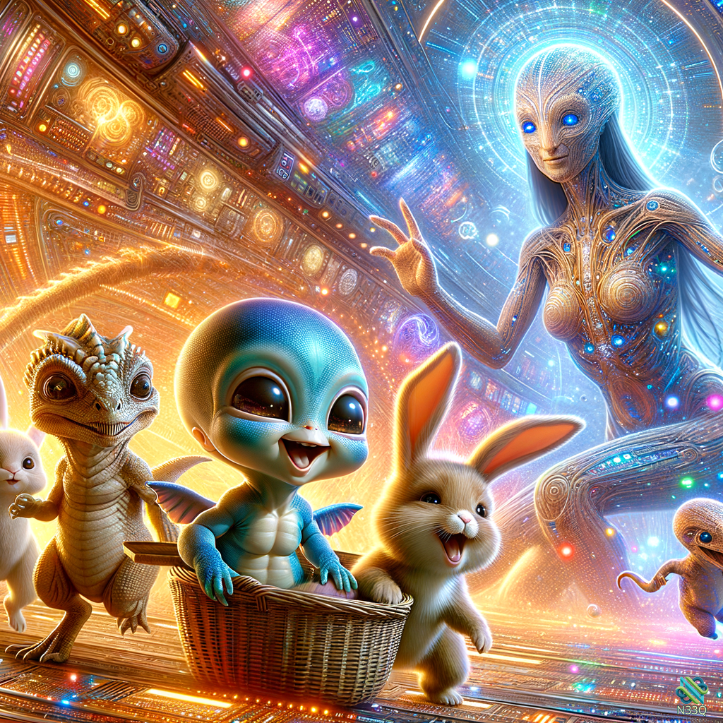 Blue Alien Baby and Rabbit in Spaceship