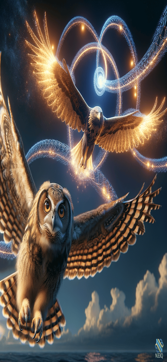 Two Owls Soaring Through Cosmic Energy Rings