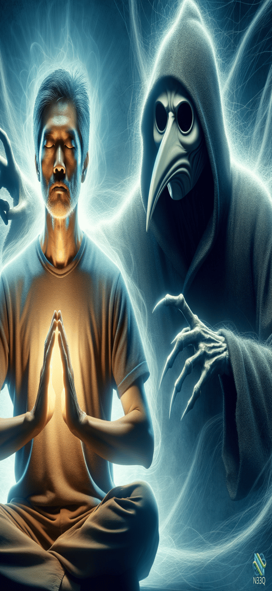 Meditating Man Facing Dark Plague Doctor Spirit