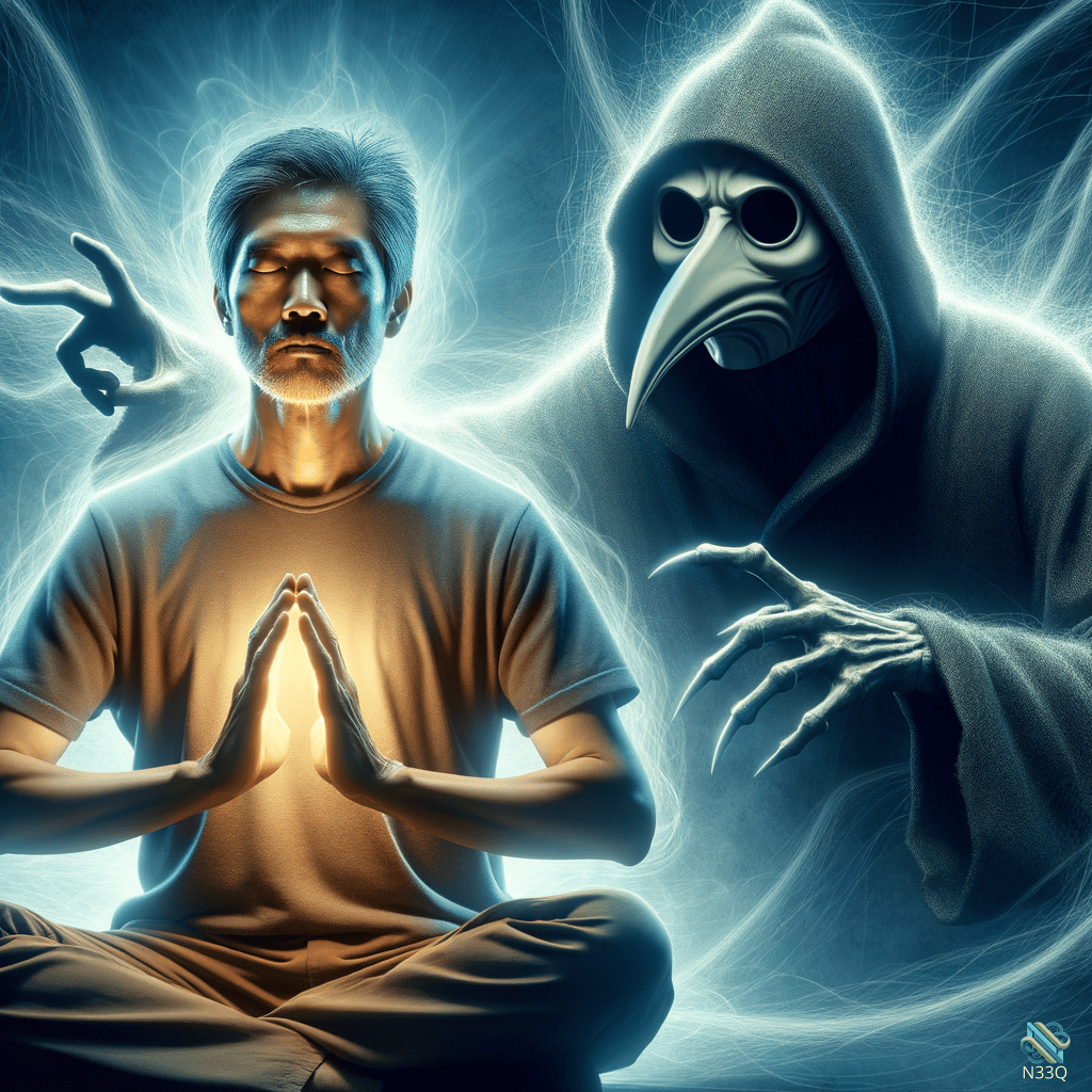 Meditating Man Facing Dark Plague Doctor Spirit