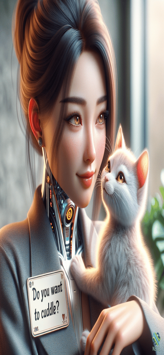Cybernetic Woman Holding White Cat