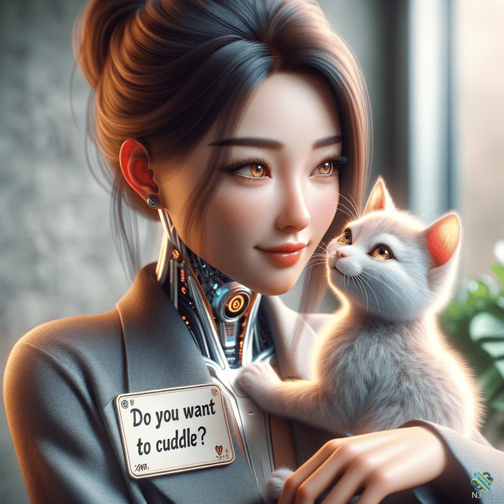 Cybernetic Woman Holding White Cat