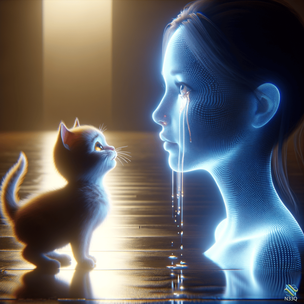 Holographic Woman Crying to Curious Kitten