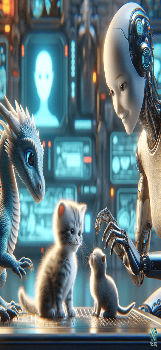 Robot Reaching Toward Kittens and Blue Dragon