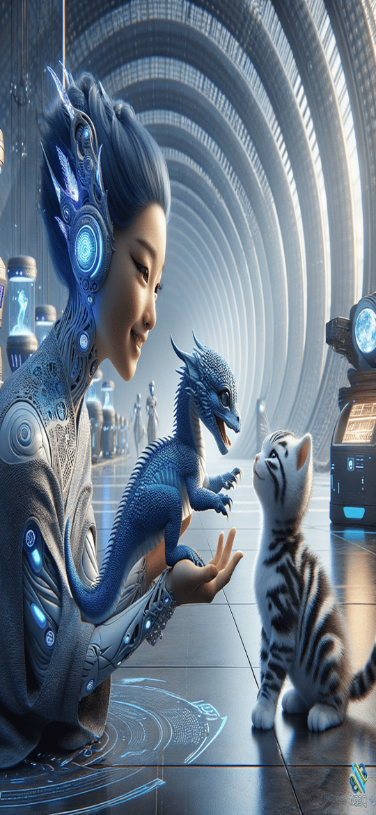 Cybernetic Woman Offers Blue Dragon to Striped Cat