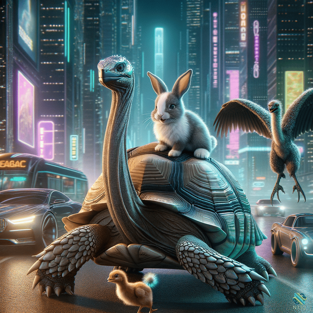 Giant Turtle with Rabbit in Neon City