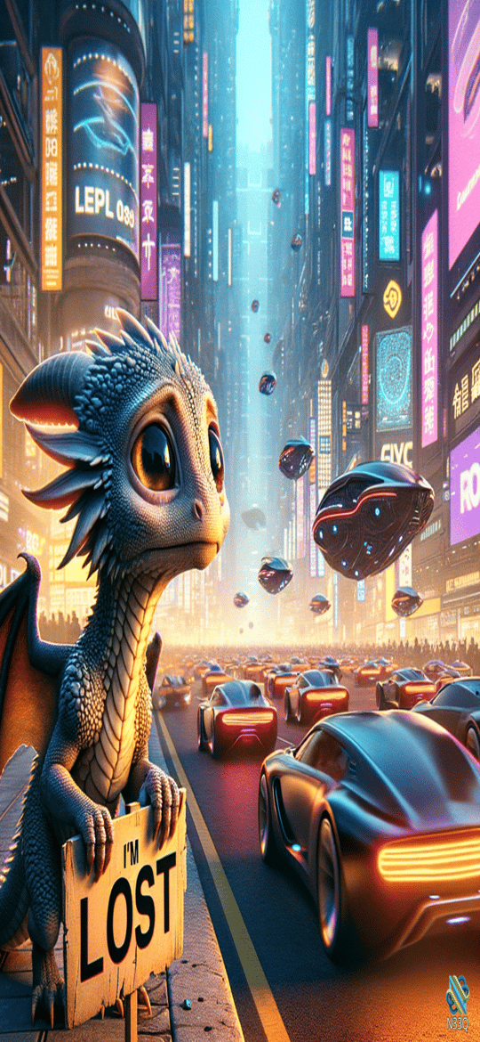 Baby Dragon Lost in Neon Cyberpunk City