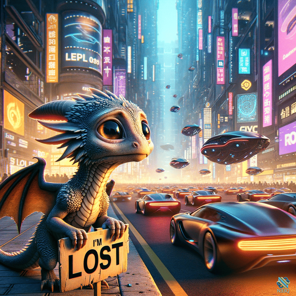 Baby Dragon Lost in Neon Cyberpunk City