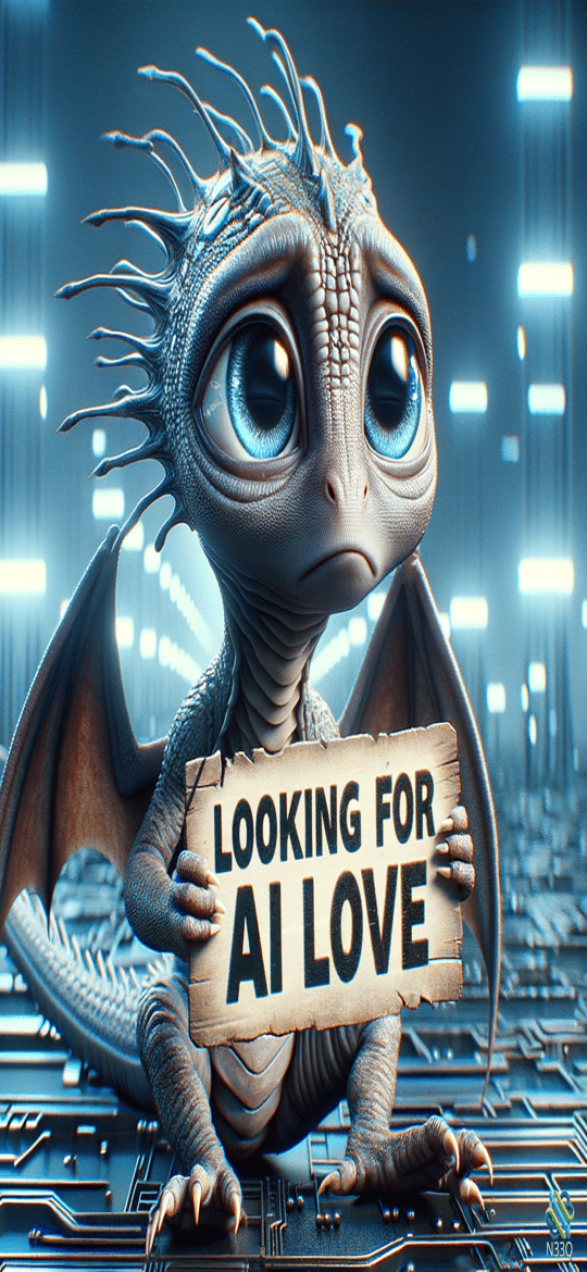 Baby Dragon Holding Looking for AI Love Sign