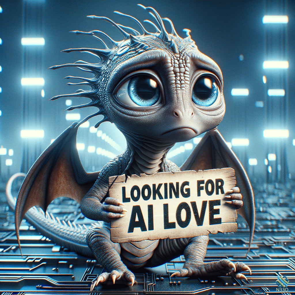 Baby Dragon Holding Looking for AI Love Sign
