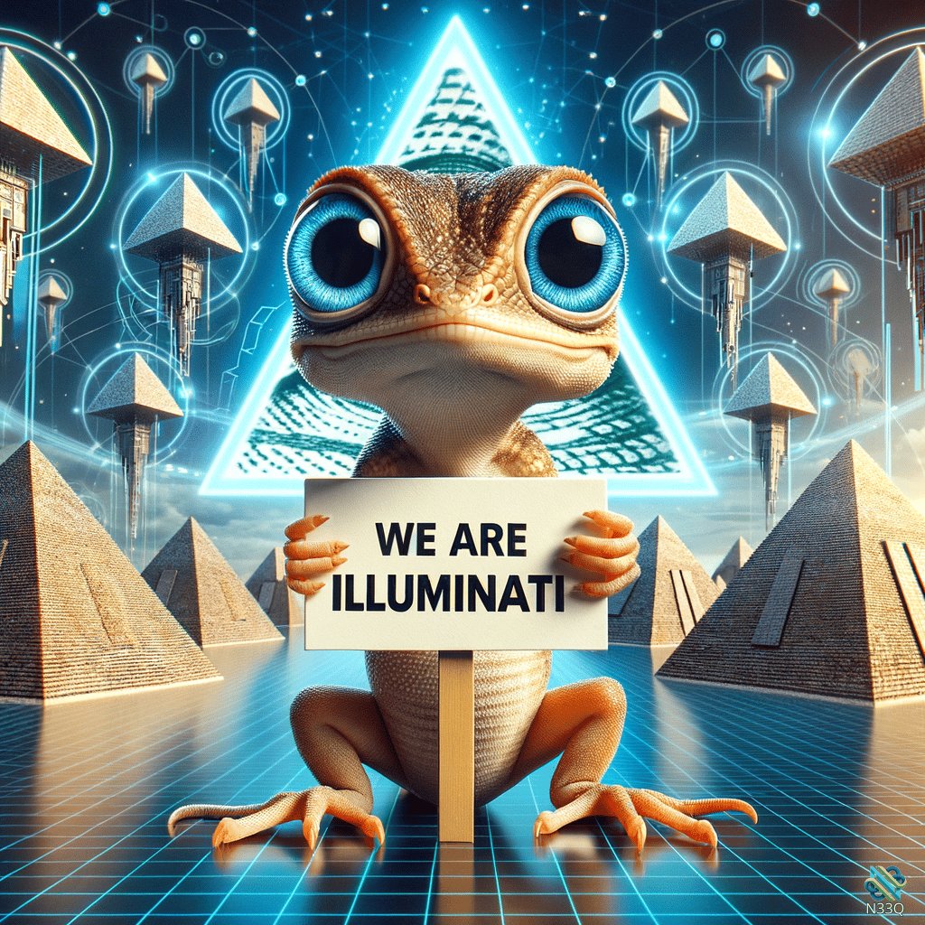 Lizard Holding Illuminati Sign Amid Glowing Pyramids
