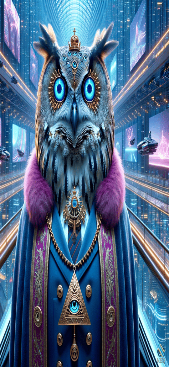 Crowned Owl in Futuristic Neon Corridor