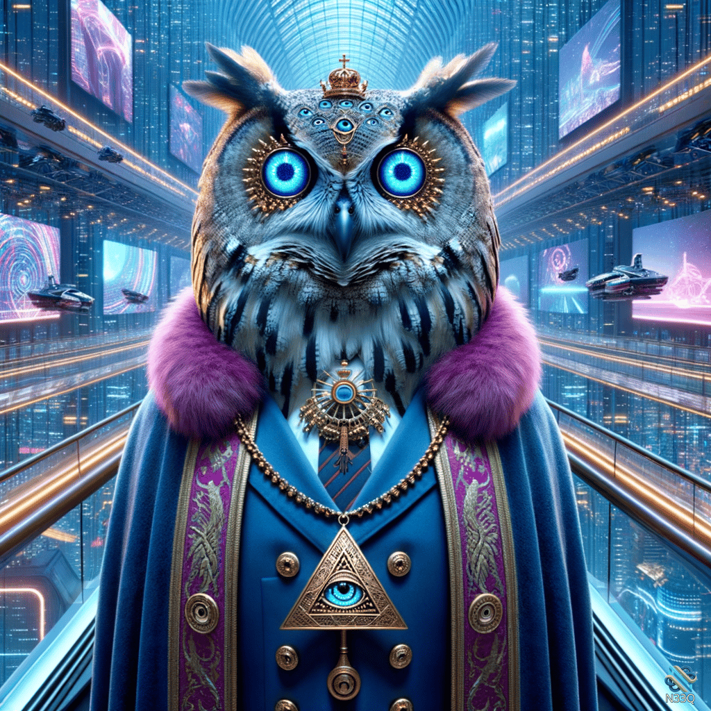 Crowned Owl in Futuristic Neon Corridor