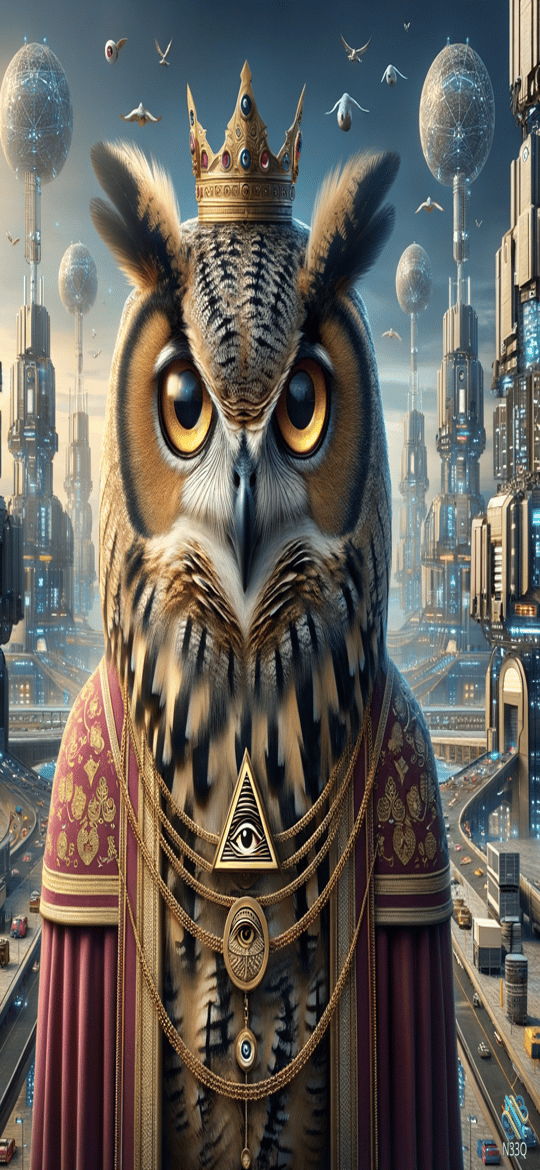 Crowned Owl King Over Futuristic Metropolis