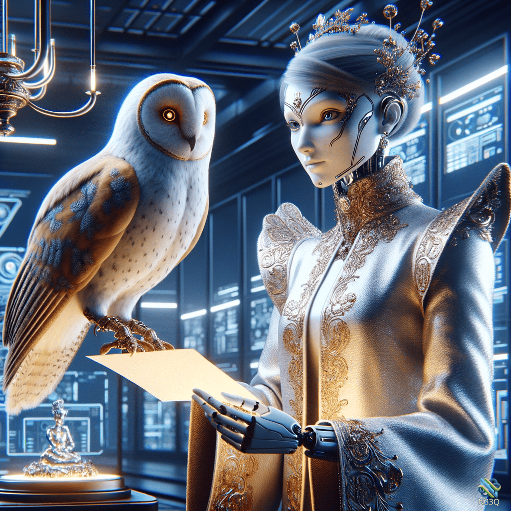 Cyborg Woman and Owl Examining Document