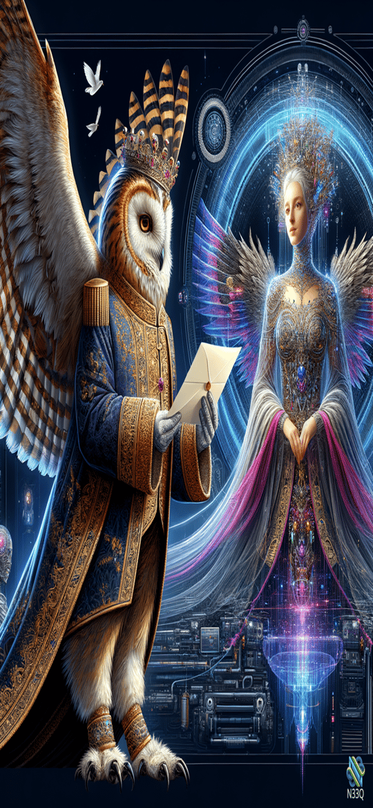 Crowned Owl Presenting Letter to Ethereal Goddess