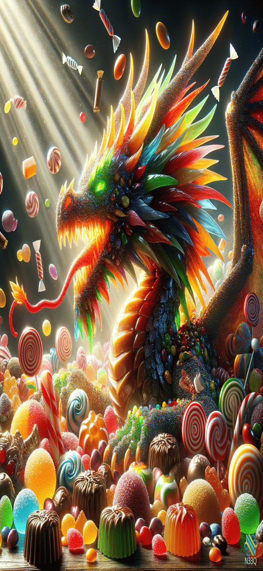 Rainbow Candy Dragon Amid Floating Sweets