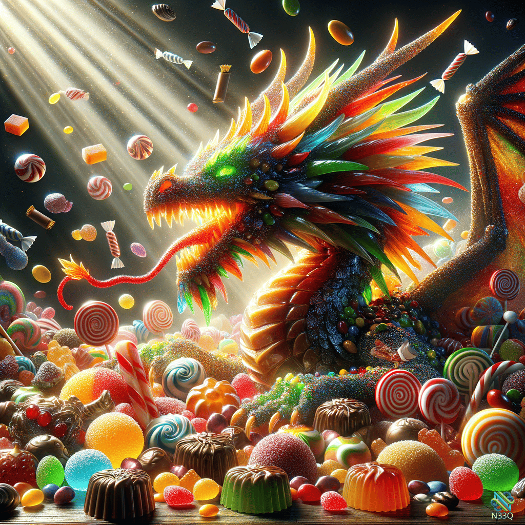 Rainbow Candy Dragon Amid Floating Sweets
