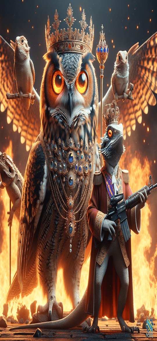 Crowned Owl and Armed Lizard King in Flames