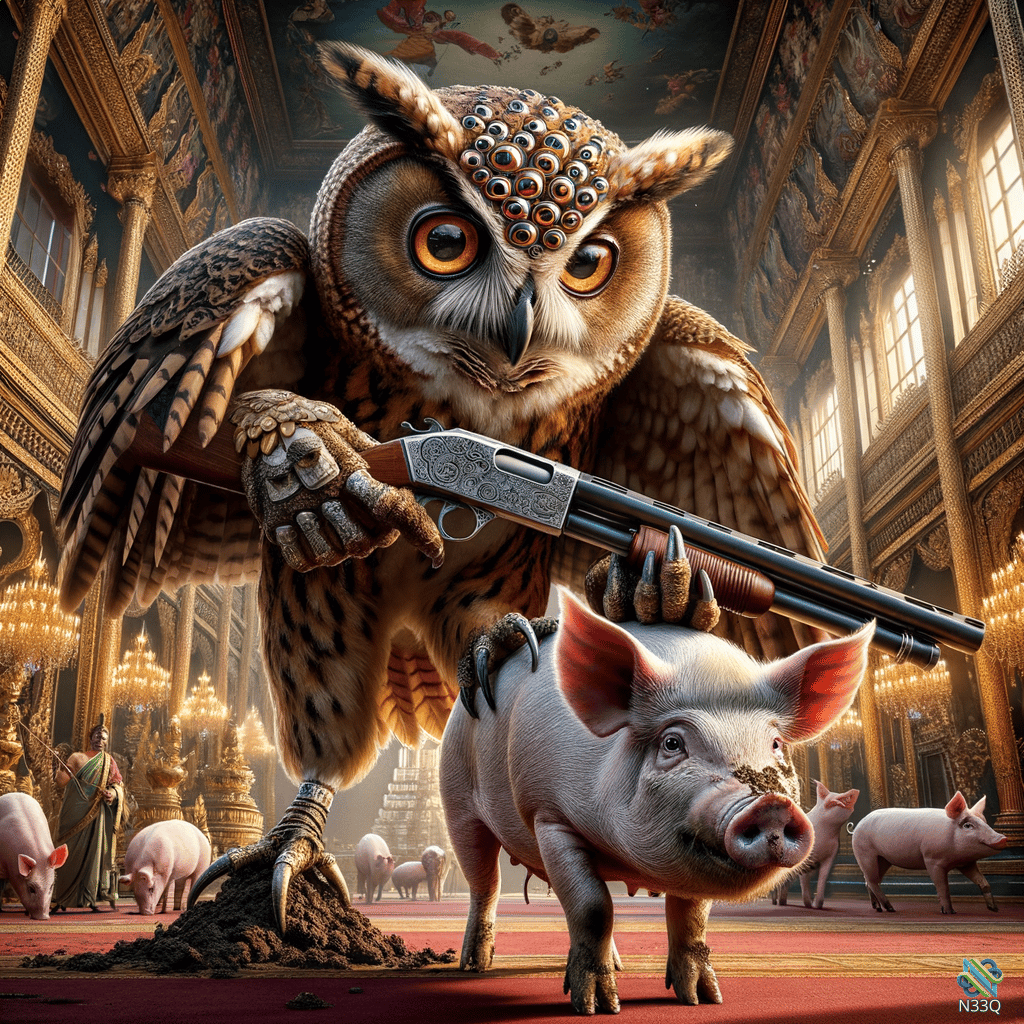 Owl with Shotgun Standing on Pig