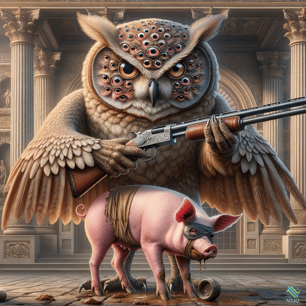 Multi-Eyed Owl Aiming Shotgun at Masked Pig
