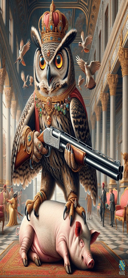 Crowned Owl King with Shotgun on Pig