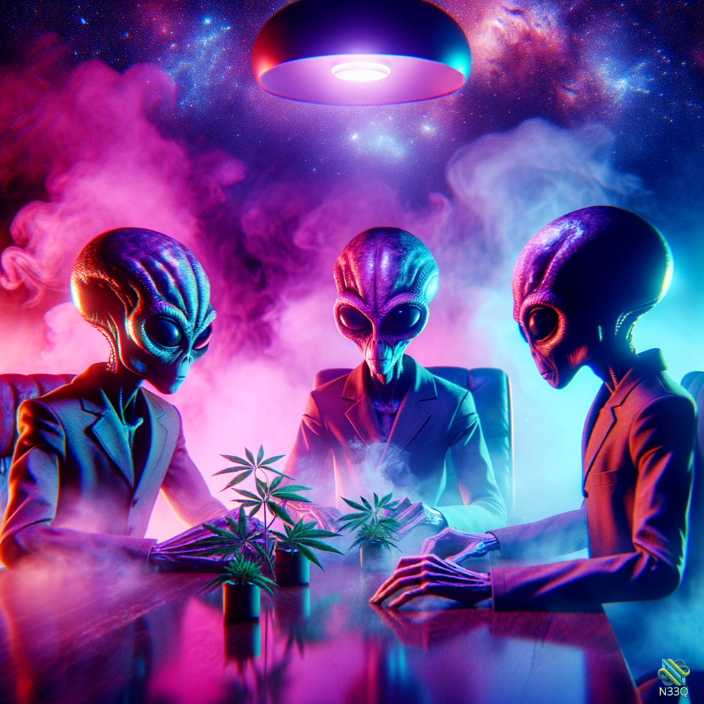 Three Aliens in Suits at Cosmic Table
