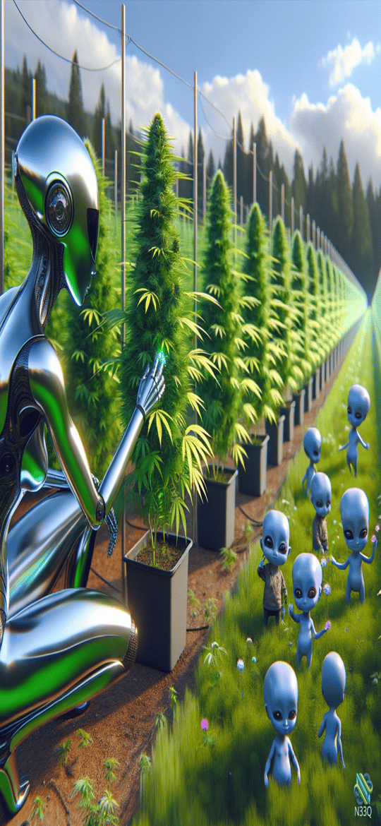 Chrome Robot Tending Cannabis Plants With Aliens