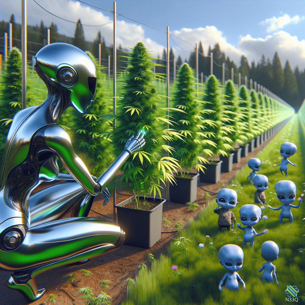 Chrome Robot Tending Cannabis Plants With Aliens