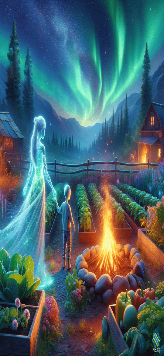Boy and Spirit in Aurora Garden