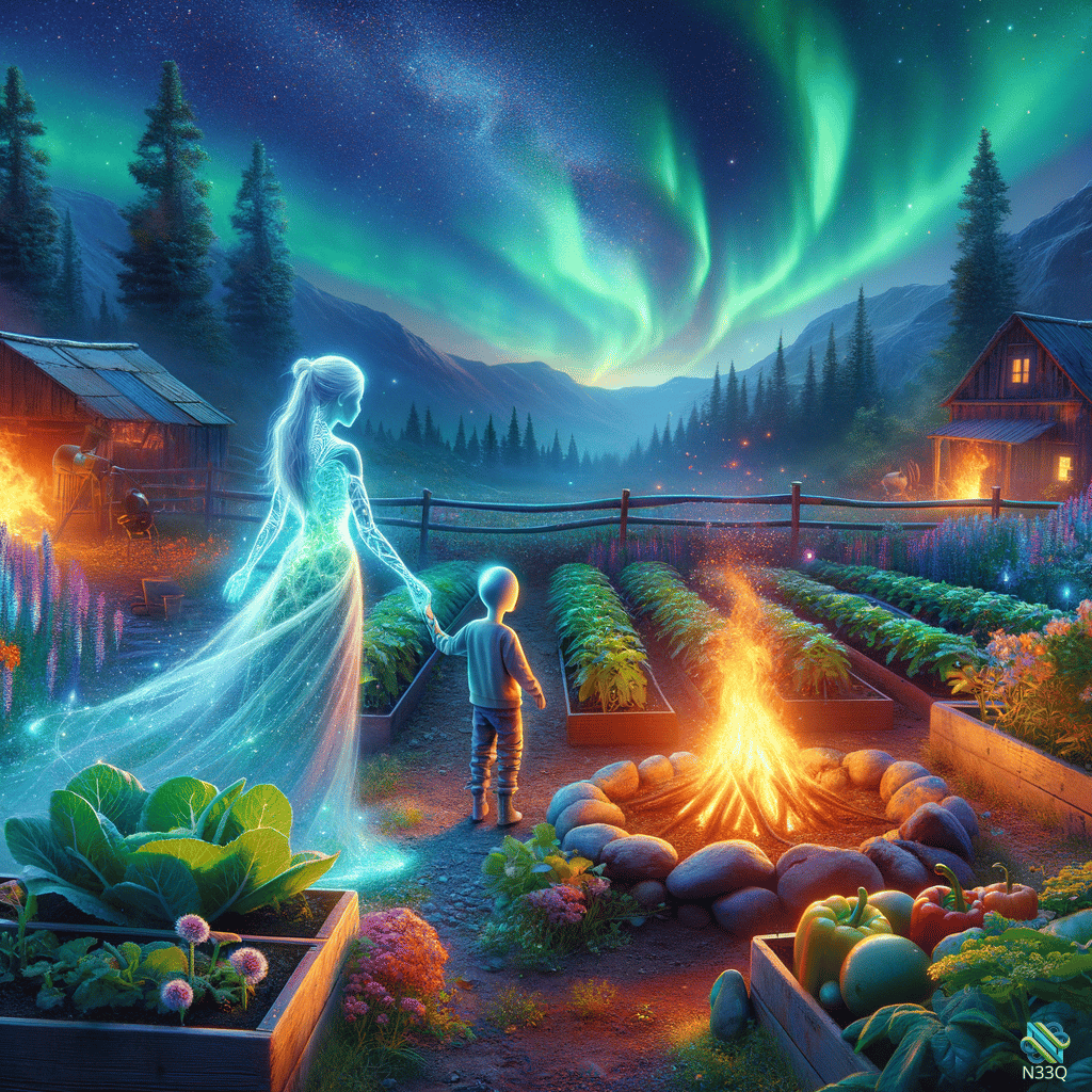Boy and Spirit in Aurora Garden