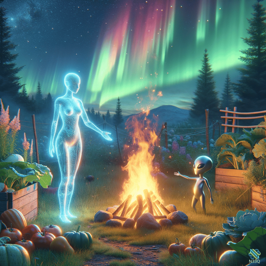 Glowing Woman and Alien by Campfire