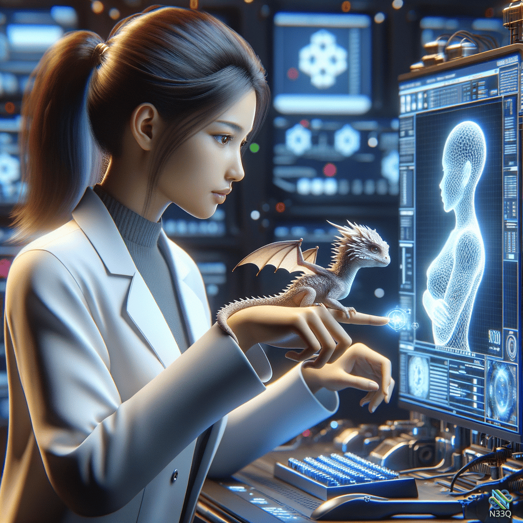 Scientist Holding Dragon in Futuristic Lab