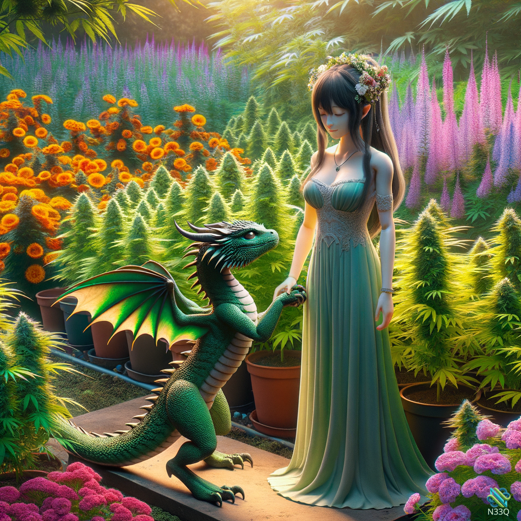 Woman and Green Dragon in Flower Garden